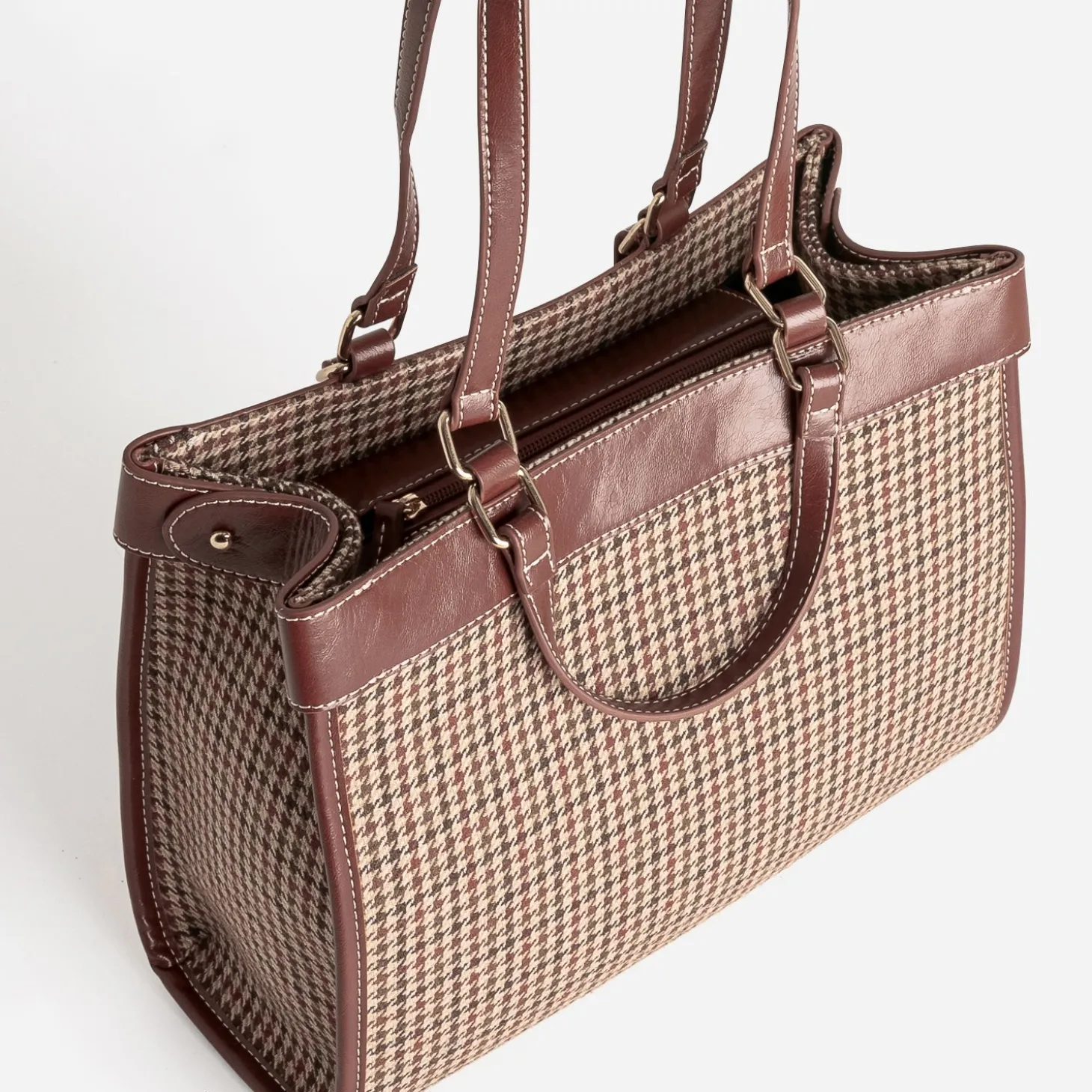 Sac à main cognac à motif pied-de-poule