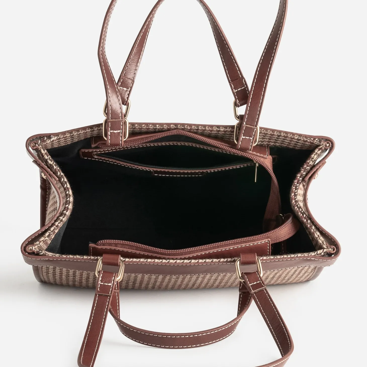 Sac à main cognac à motif pied-de-poule