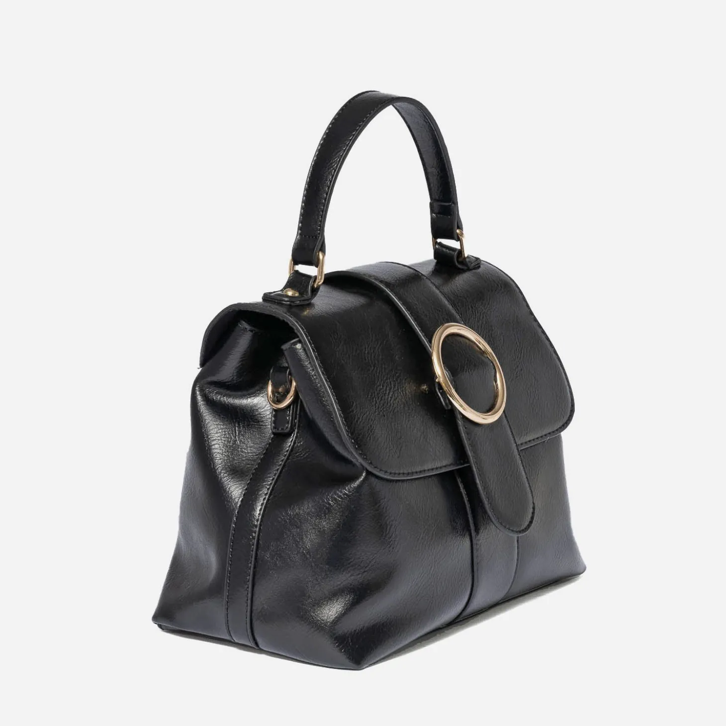 Sac à main noir avec boucle ronde métal