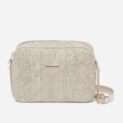 Sac bandoulière paille beige brodé or