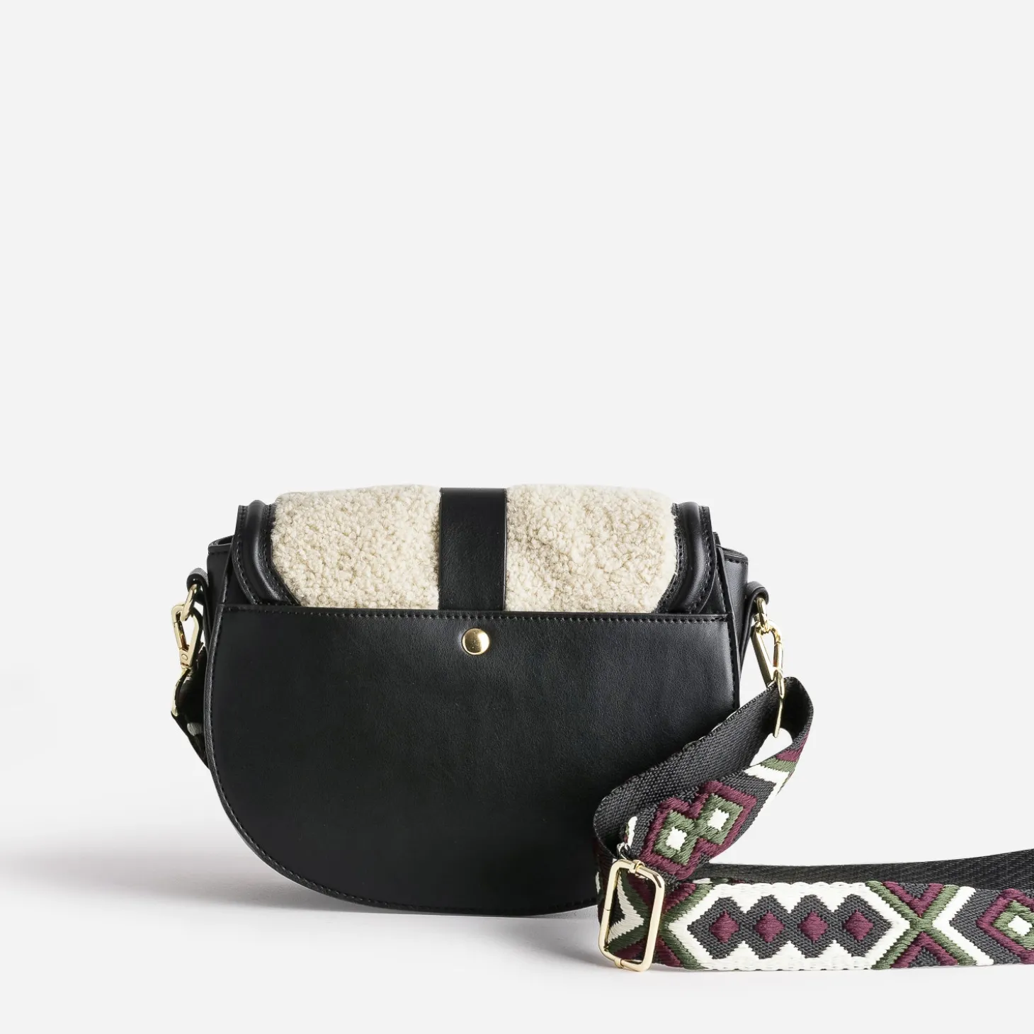 Sac besace TEXTO noir avec rabat tissu Sherpa