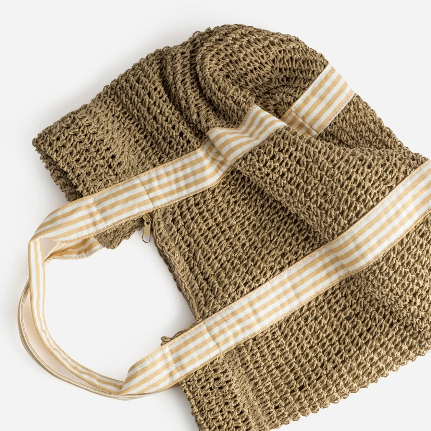Sac cabas beige paille papier anses rayées