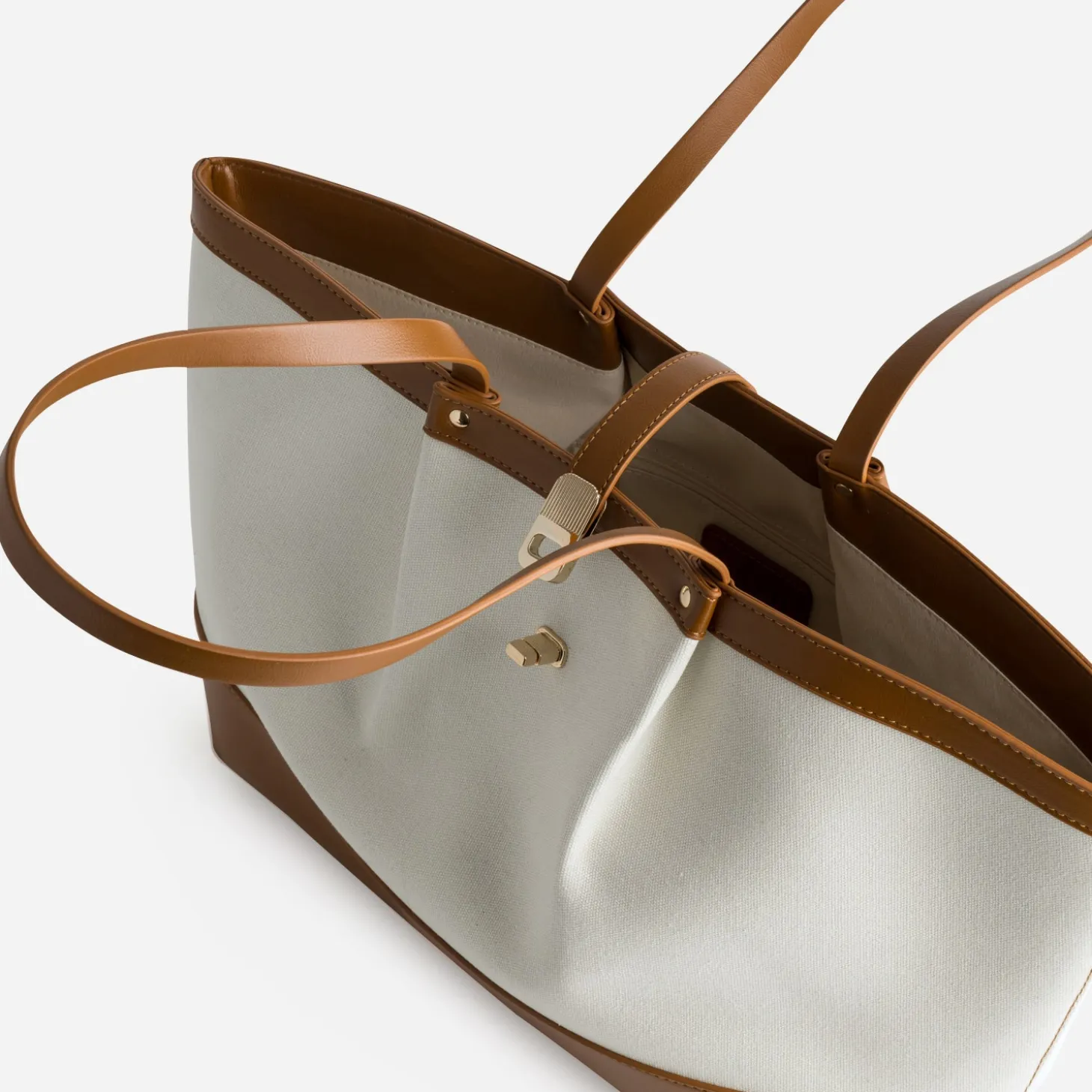 Sac cabas beige toile bi-matière cognac