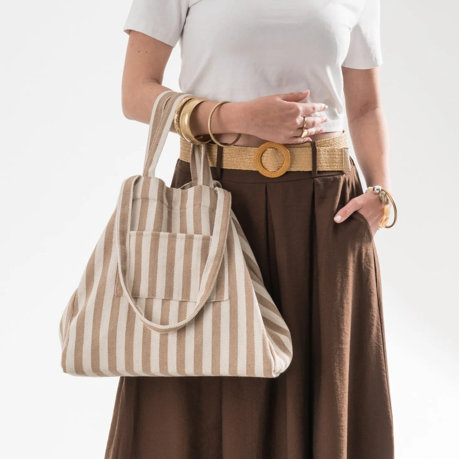 Sac cabas écru rayures beiges