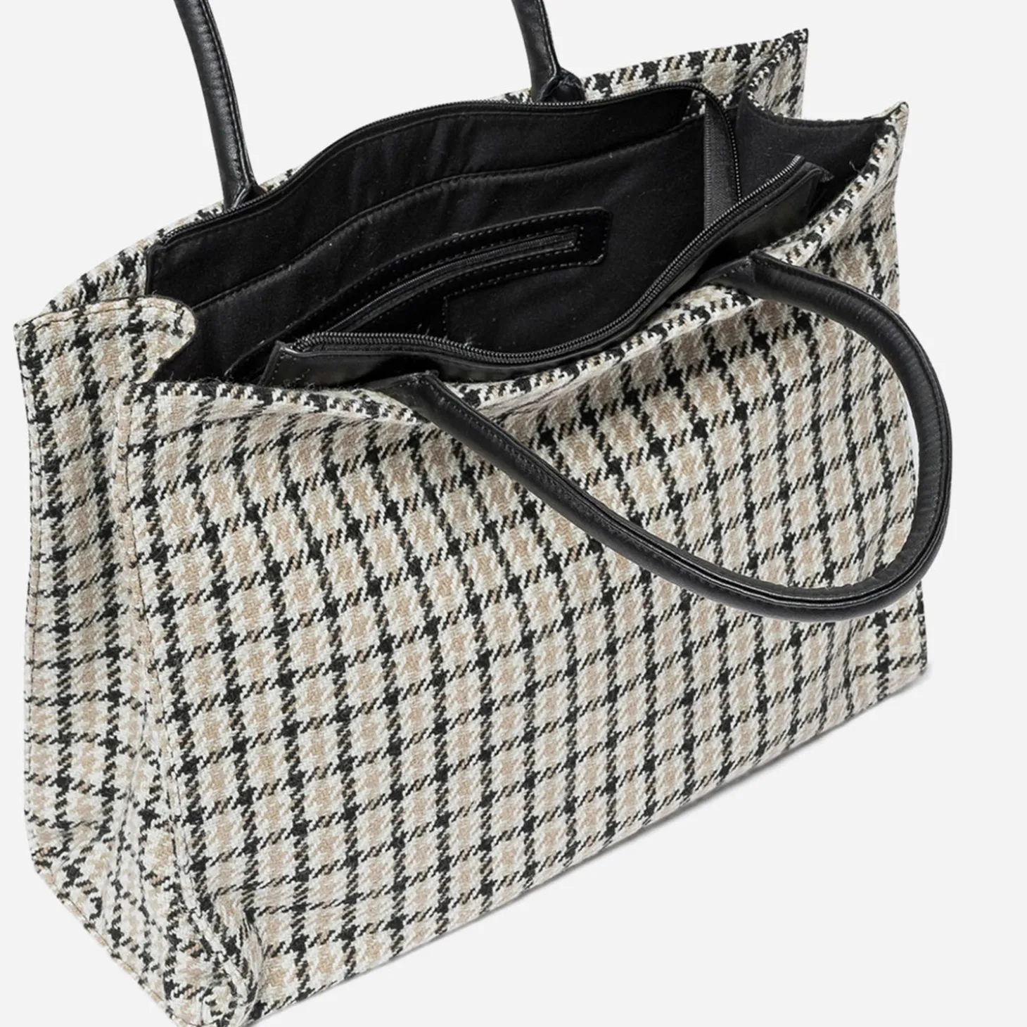 Sac cabas TEXTO beige, écru et noir à carreaux