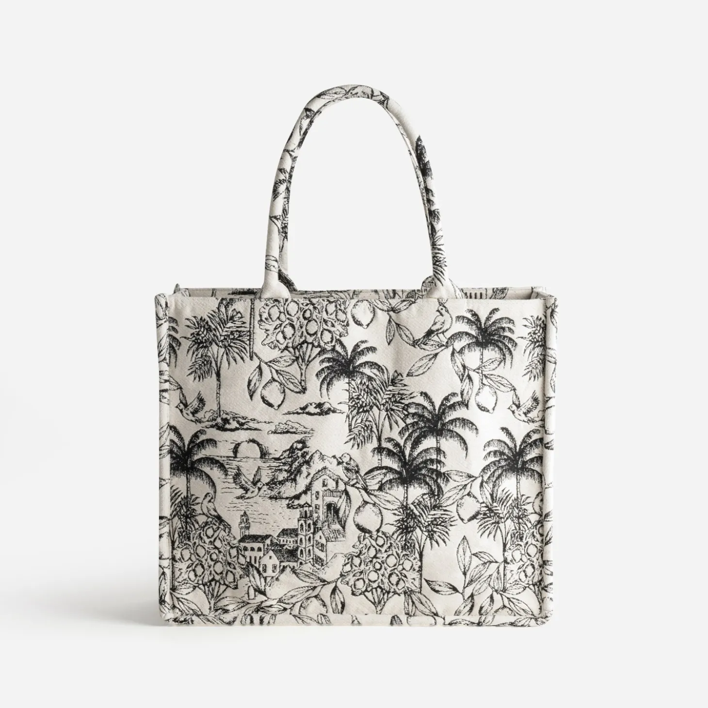 Sac cabas TEXTO beige jacquard motif villages