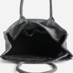 Sac cabas TEXTO gris effet denim frangé