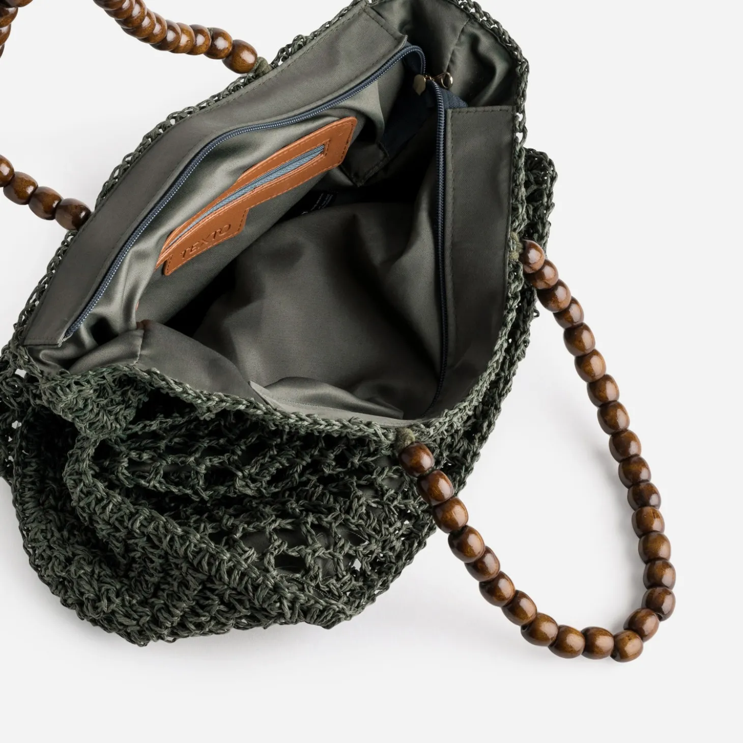 Sac TEXTO vert crochet et anses perles bois