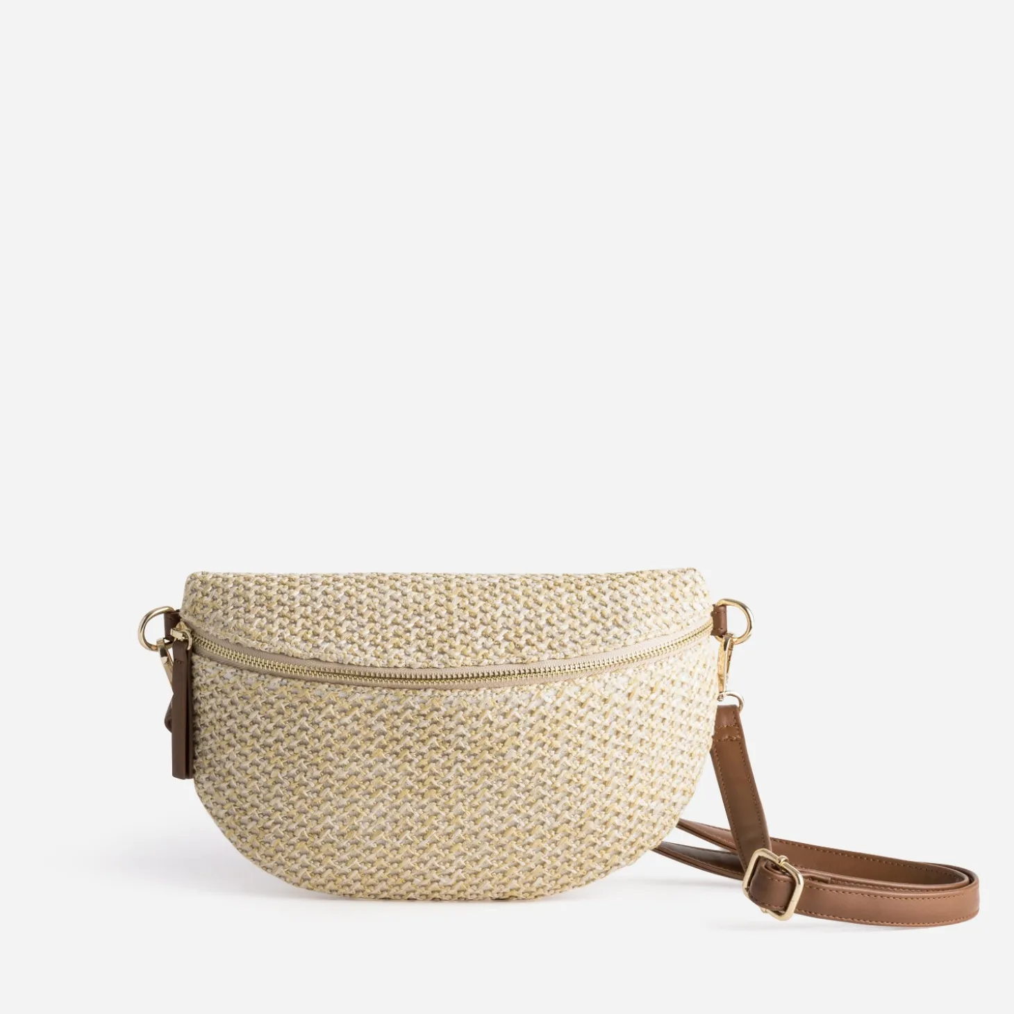 Sac-banane beige tressé et marron
