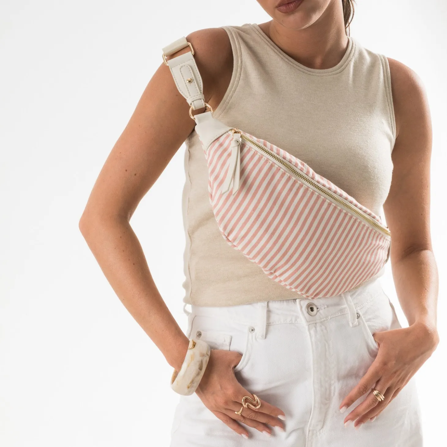 Sac-banane rose corail toile motif rayures