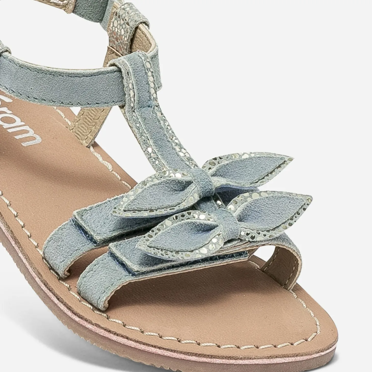 Sandale bleu et argent en cuir velours avec nœuds