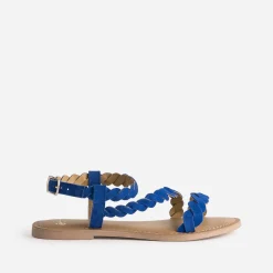 Sandale bleue en cuir velours à brides entrelacées