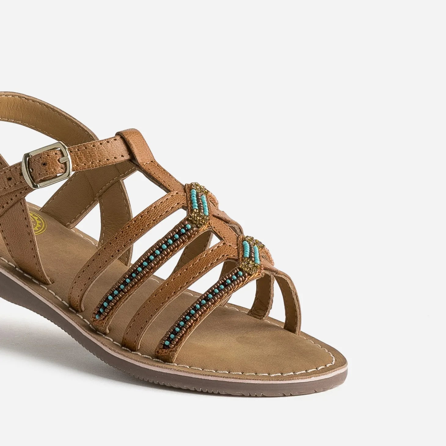 Sandale BUGGY camel cuir brodé perles