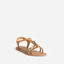 Sandale BUGGY camel cuir décor plumes