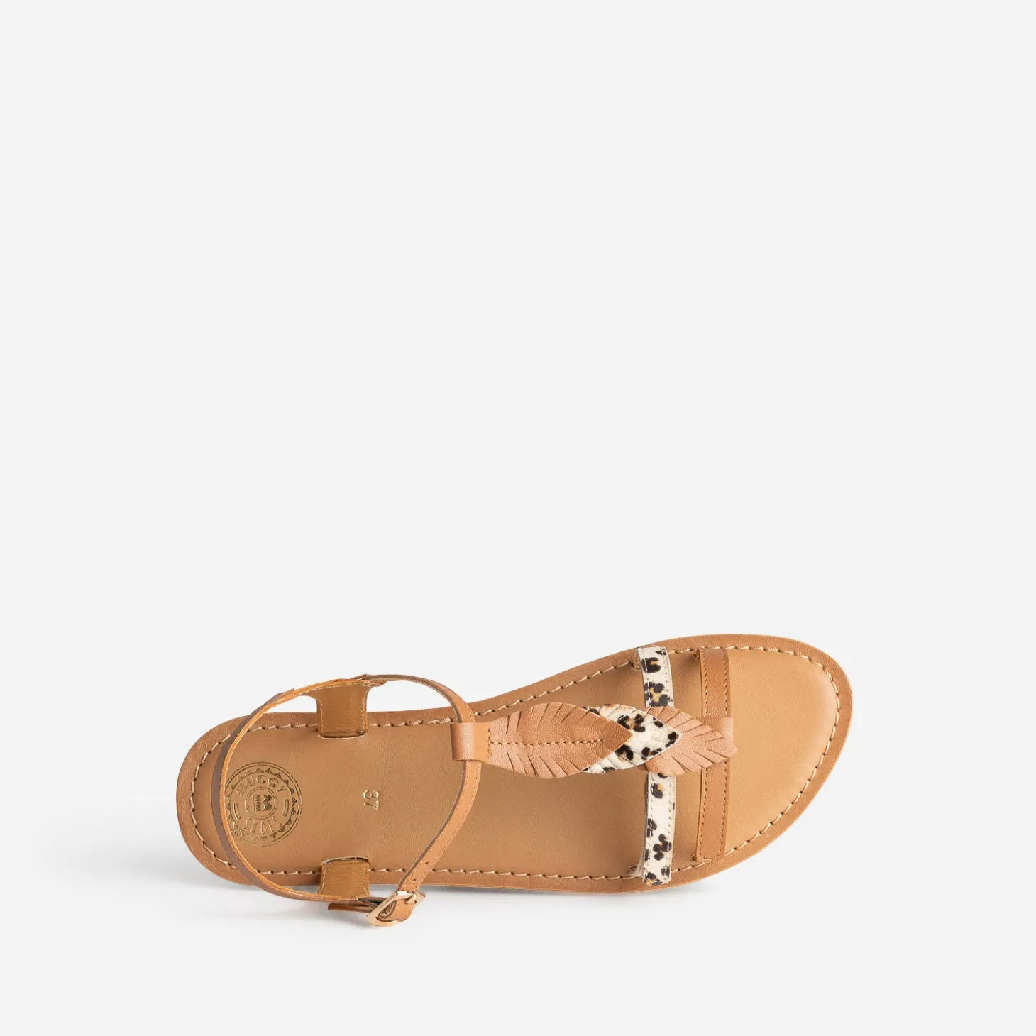 Sandale BUGGY camel cuir décor plumes