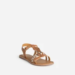 Sandale BUGGY camel cuir décor plumes