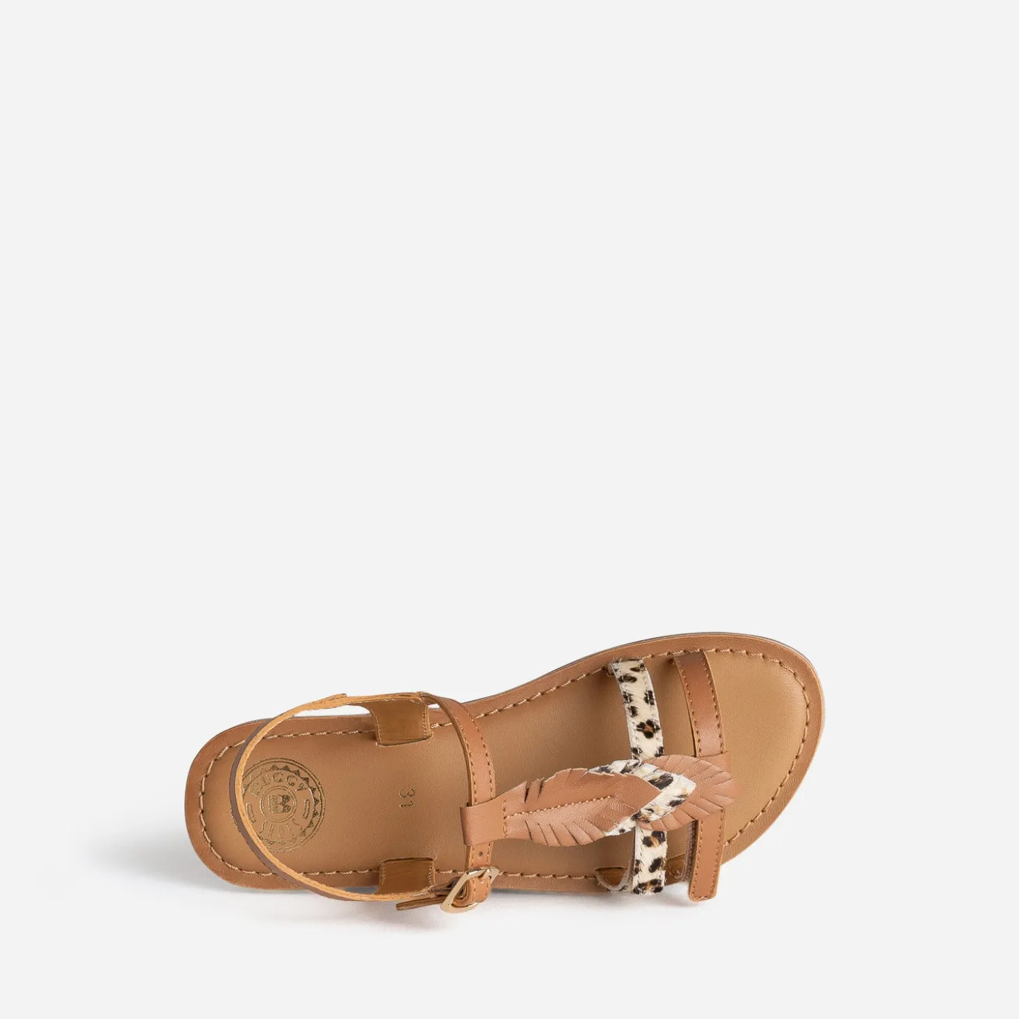 Sandale BUGGY camel cuir décor plumes