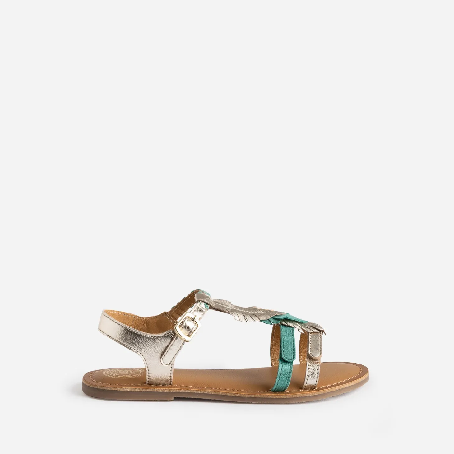 Sandale BUGGY cuir turquoise et dorée plumes