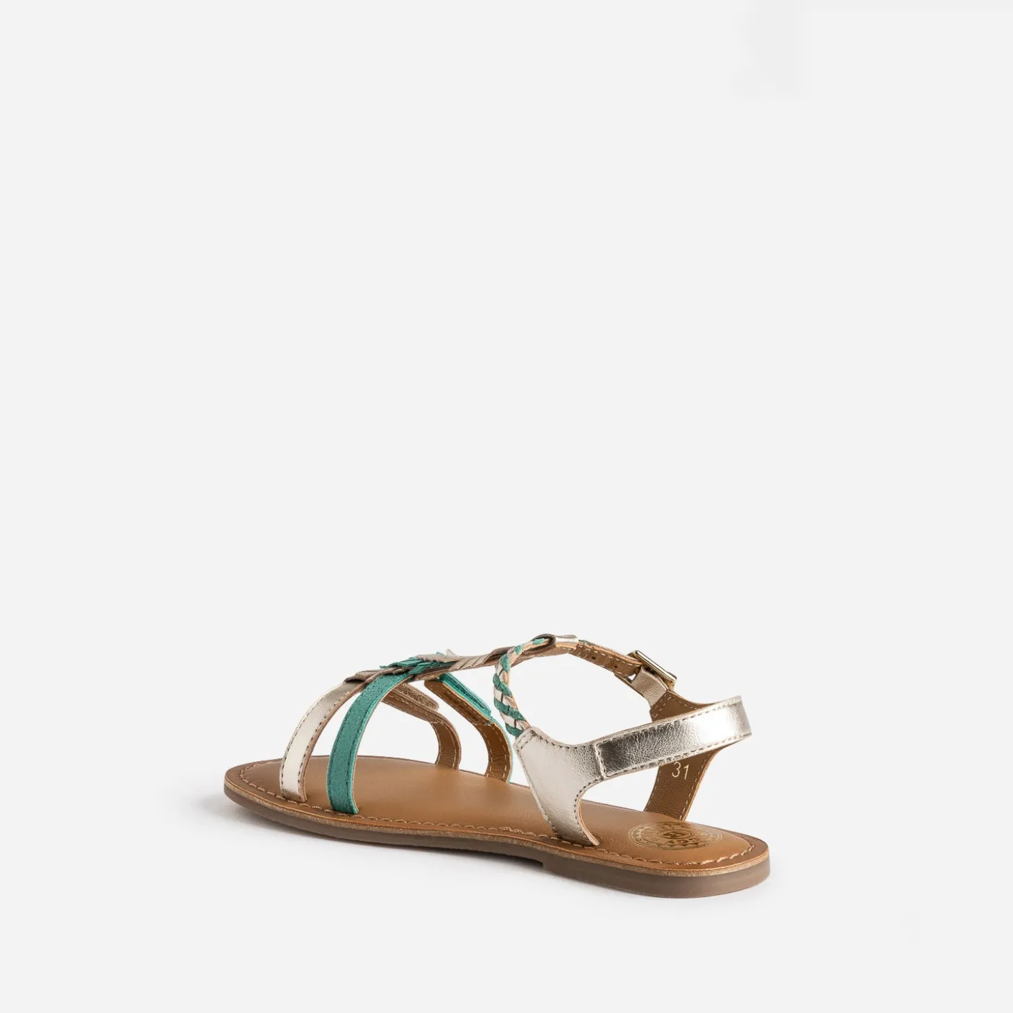 Sandale BUGGY cuir turquoise et dorée plumes