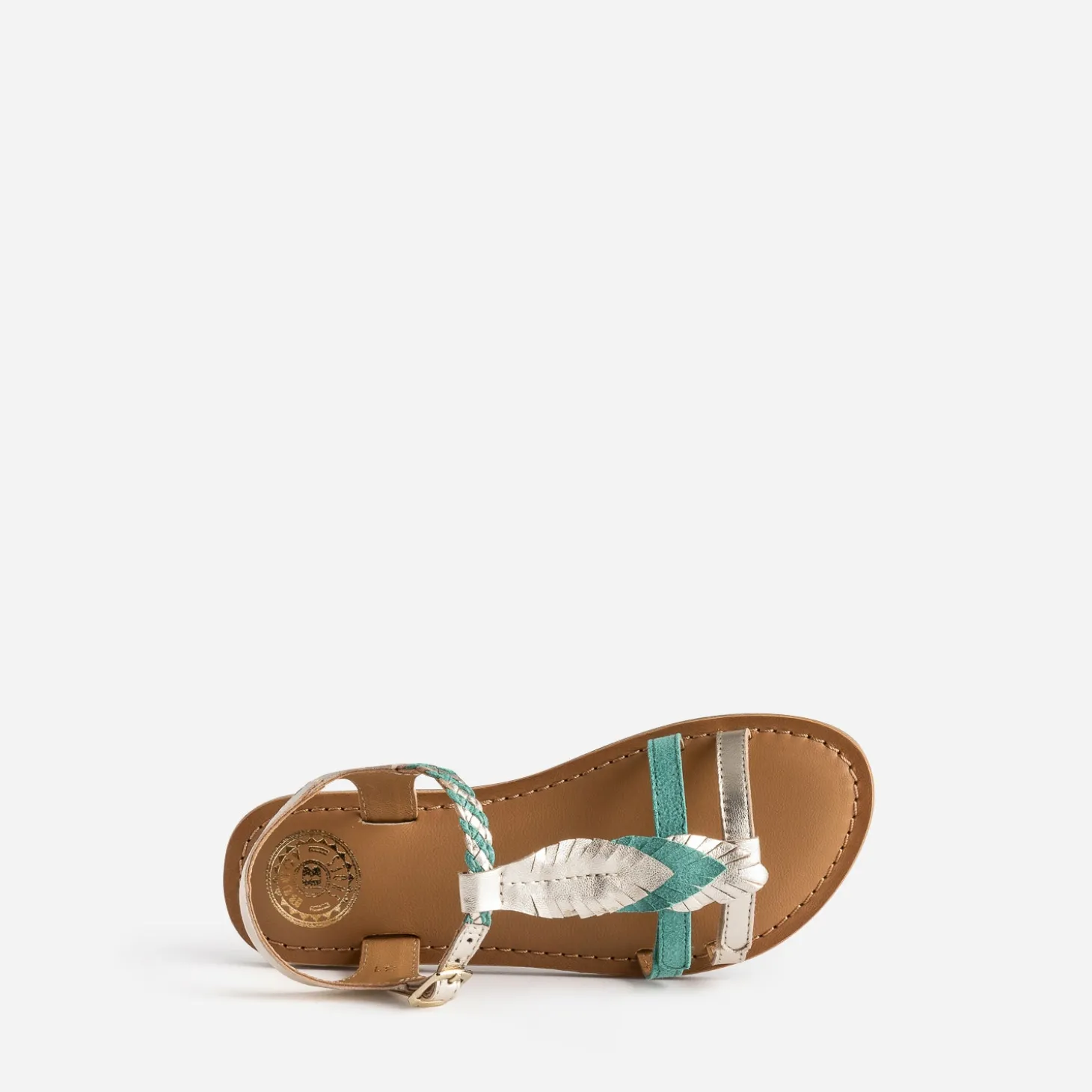 Sandale BUGGY cuir turquoise et dorée plumes