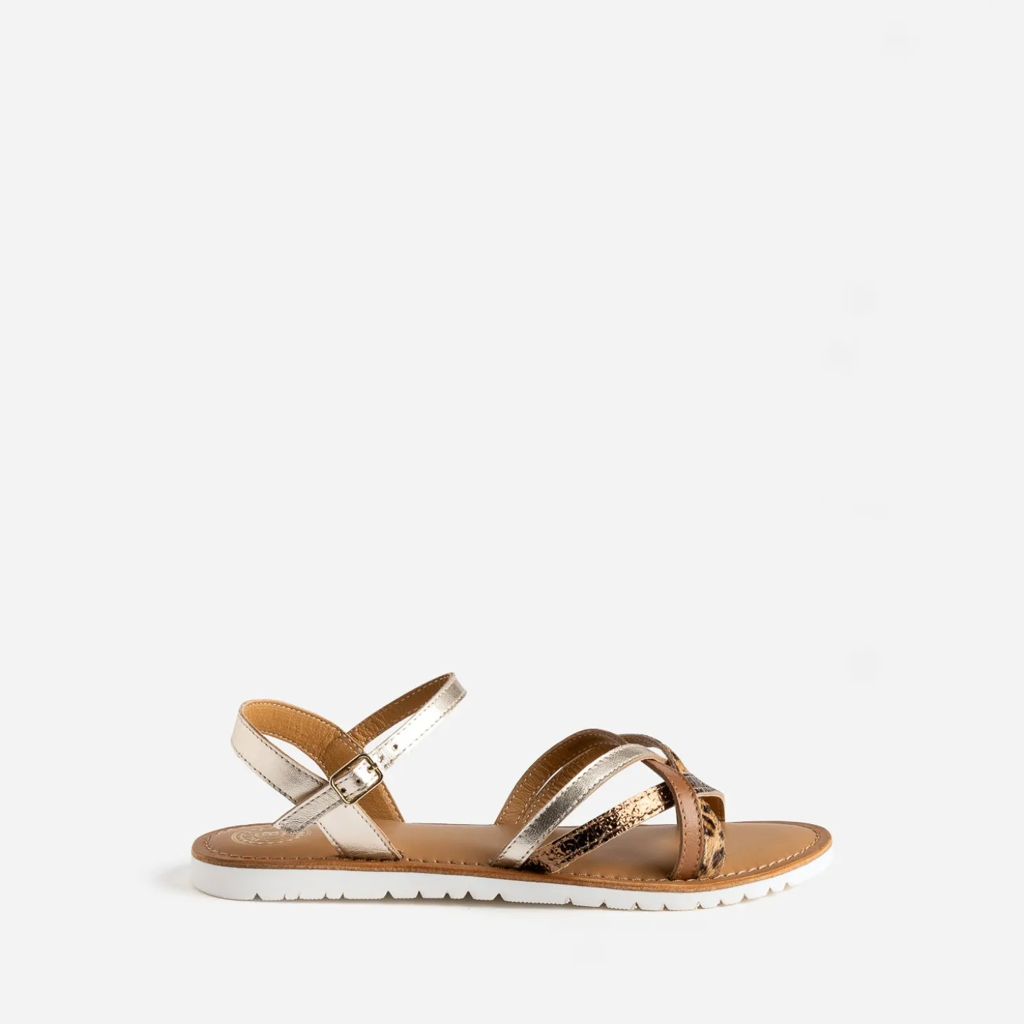 Sandale BUGGY dorée en cuir et motif léopard