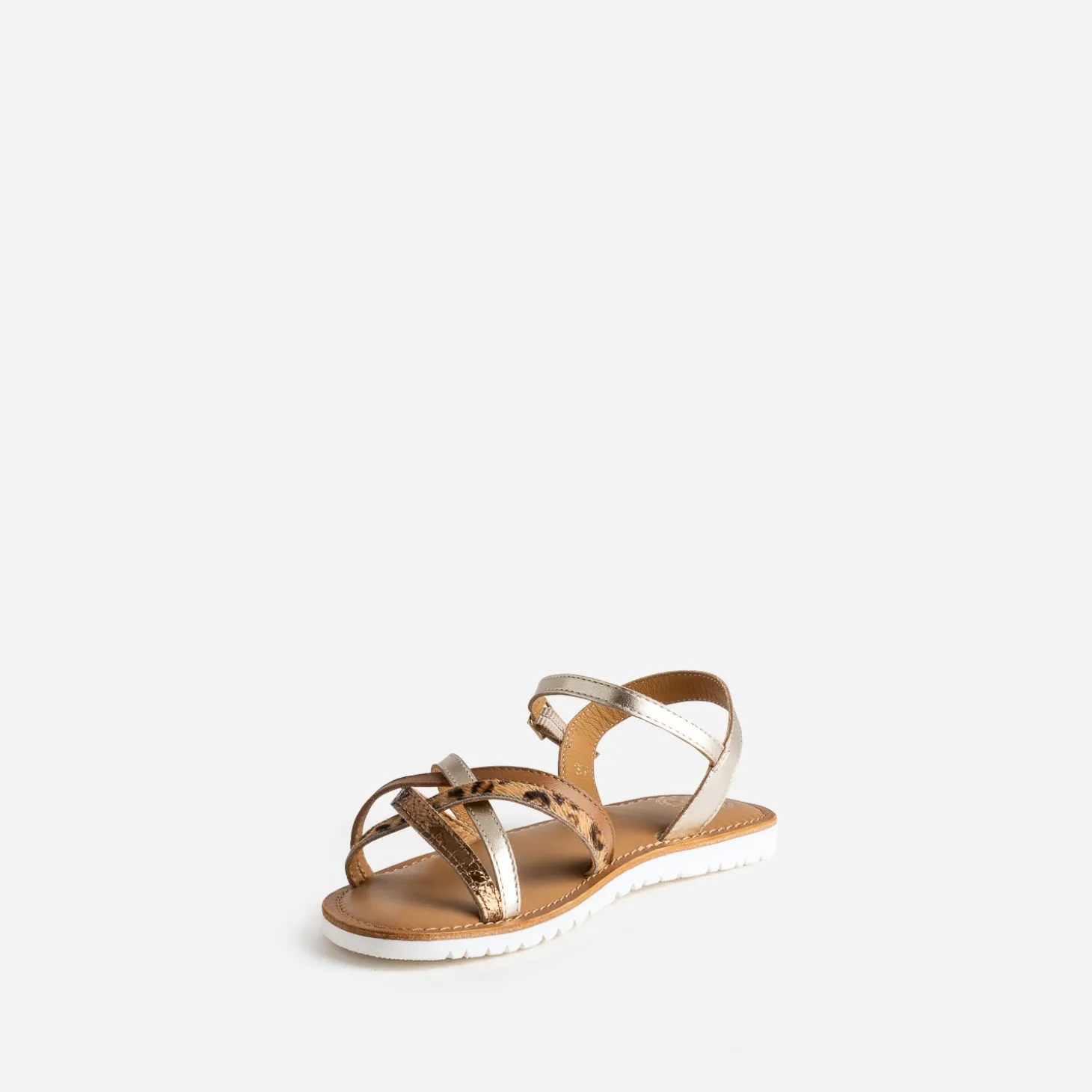 Sandale BUGGY dorée en cuir et motif léopard