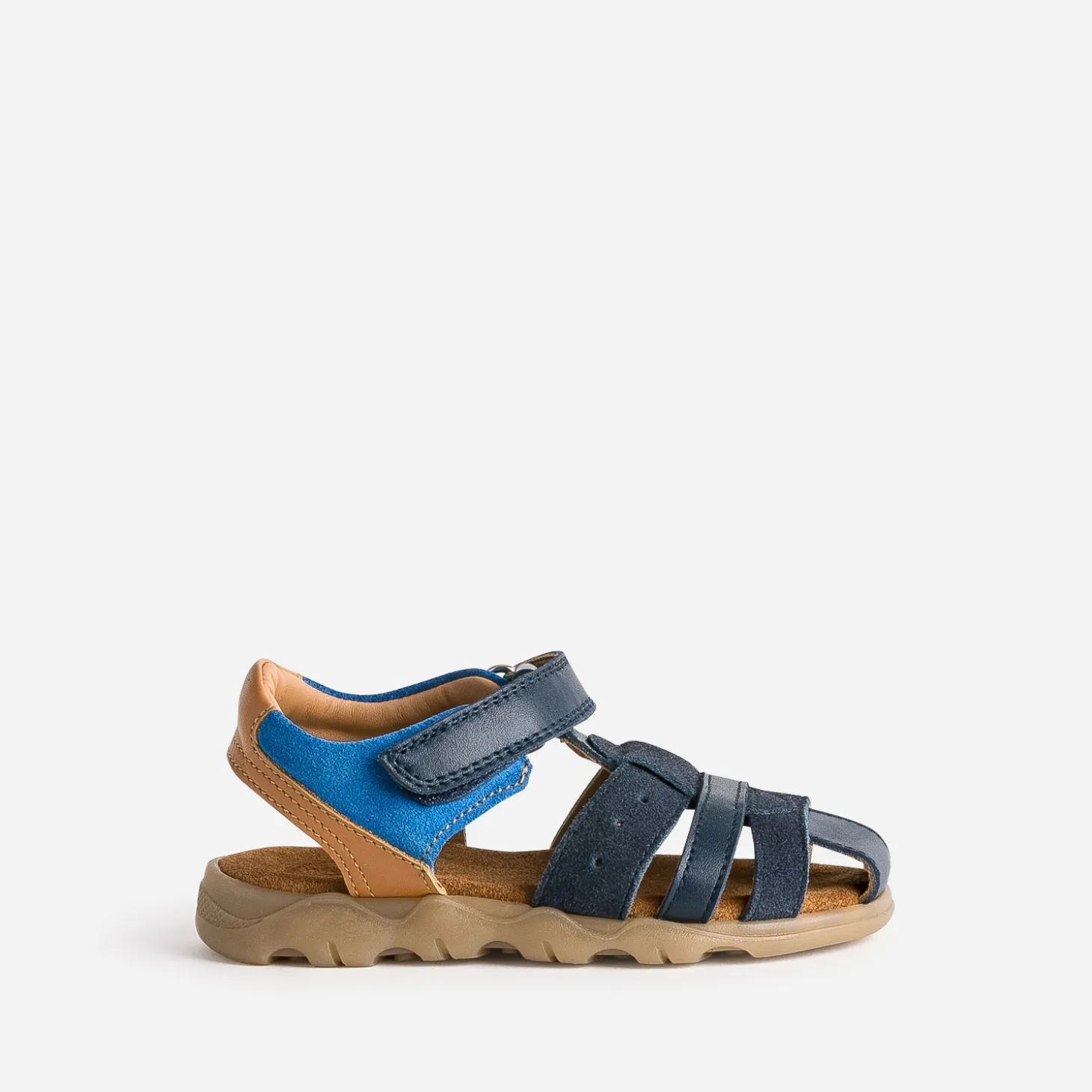 Sandale BUGGY marine, bleue, camel cuir