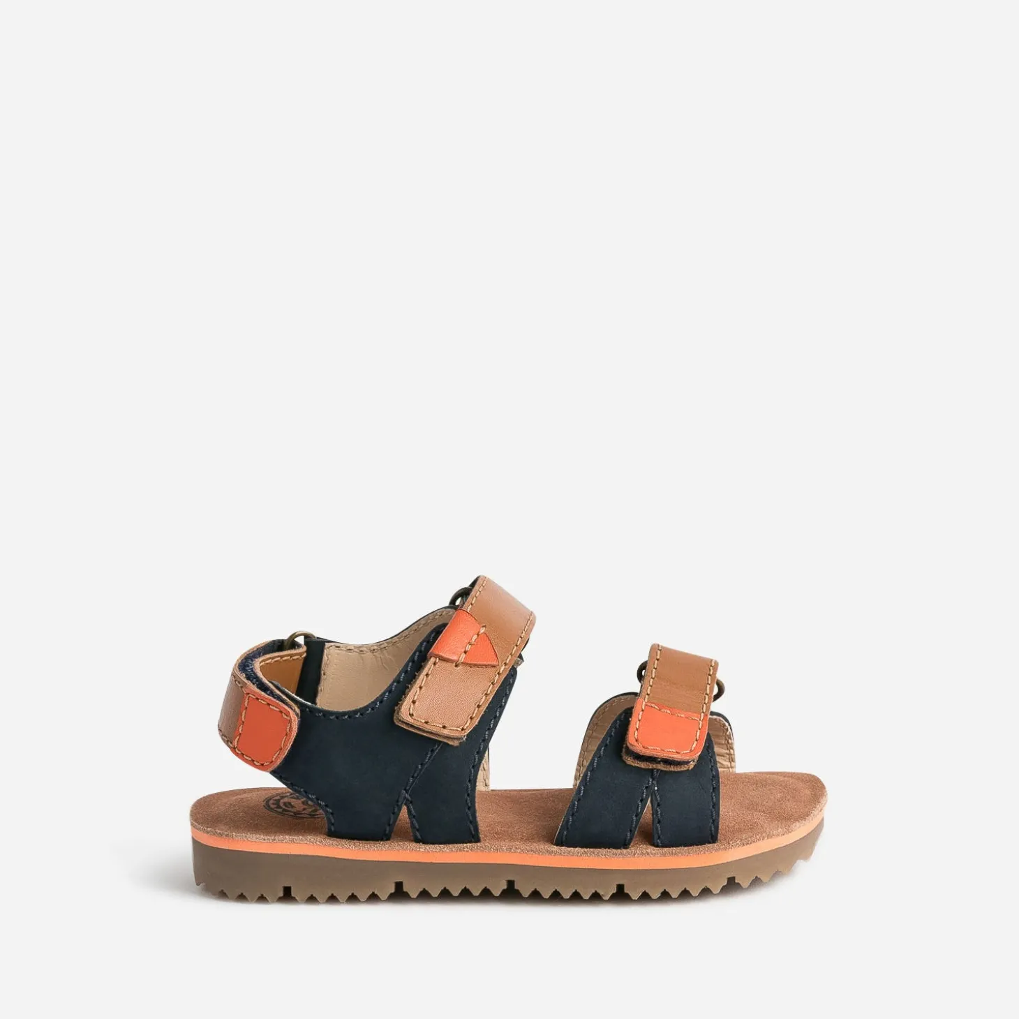 Sandale BUGGY marine, marron et orange en cuir
