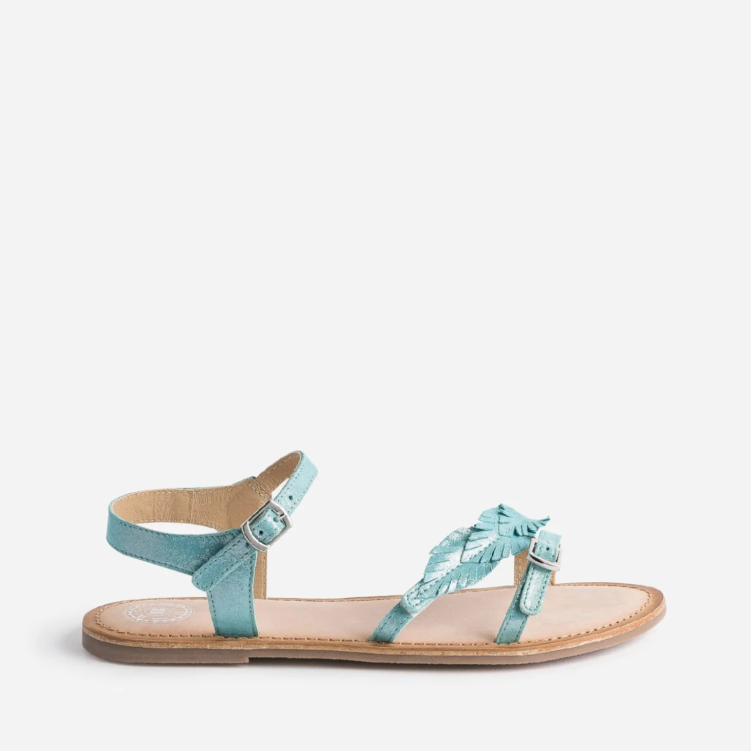 Sandale BUGGY turquoise en cuir velours avec plumes