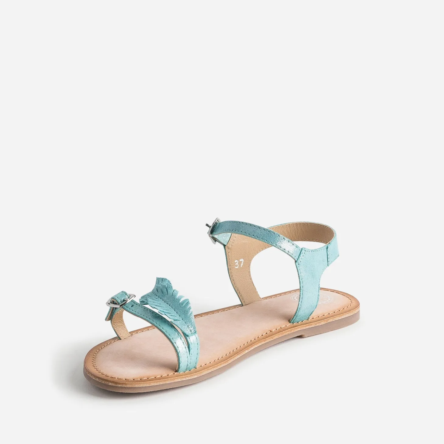 Sandale BUGGY turquoise en cuir velours avec plumes