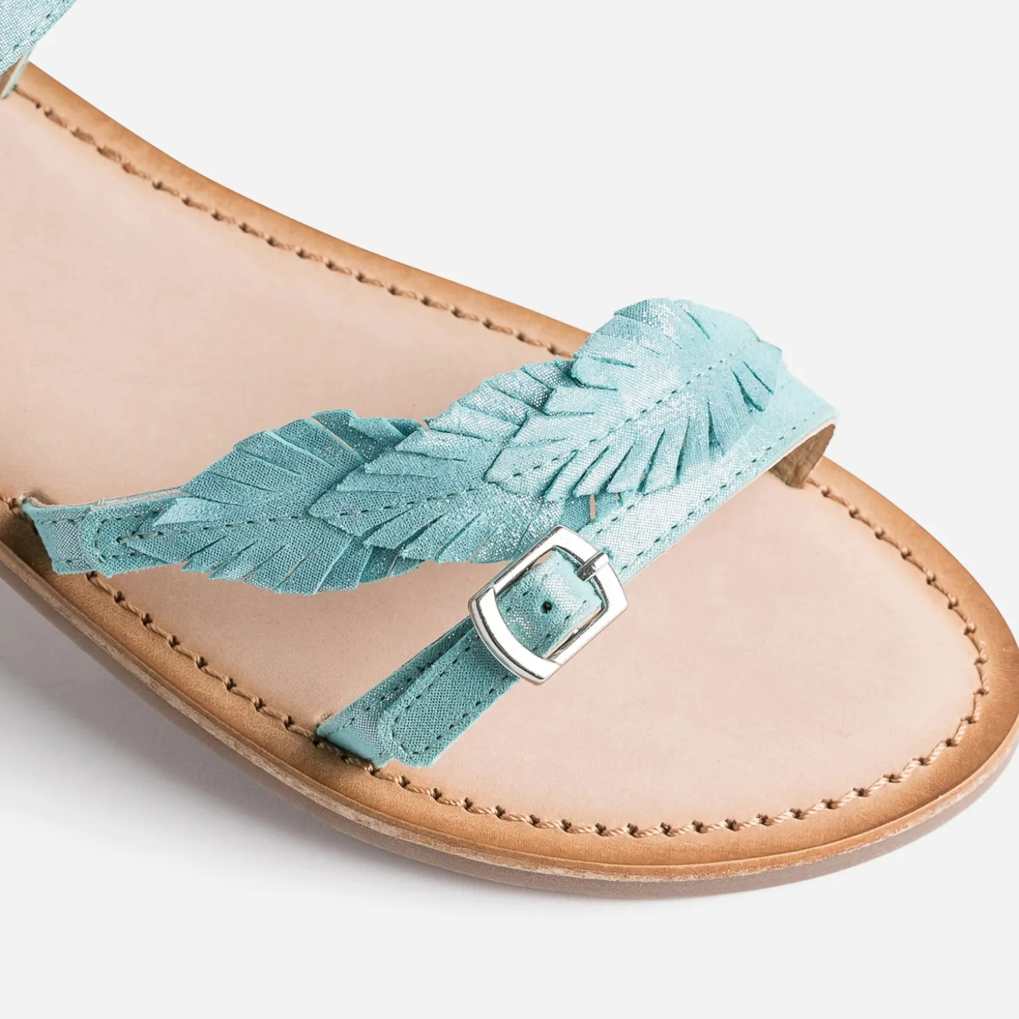 Sandale BUGGY turquoise en cuir velours avec plumes