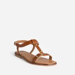 Sandale cognac cuir décor clous