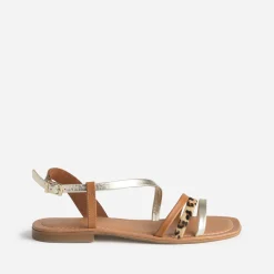 Sandale cognac, doré, motif léopard cuir