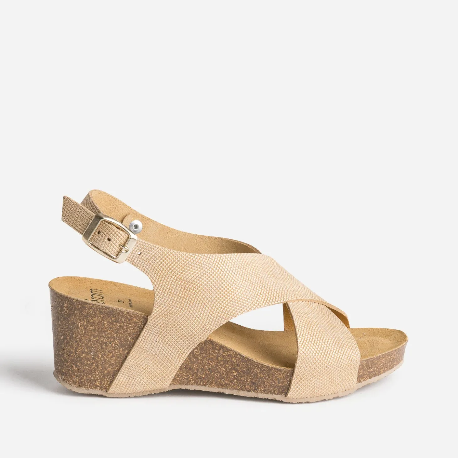 Sandale compensée anatomique beige doré en cuir embossé