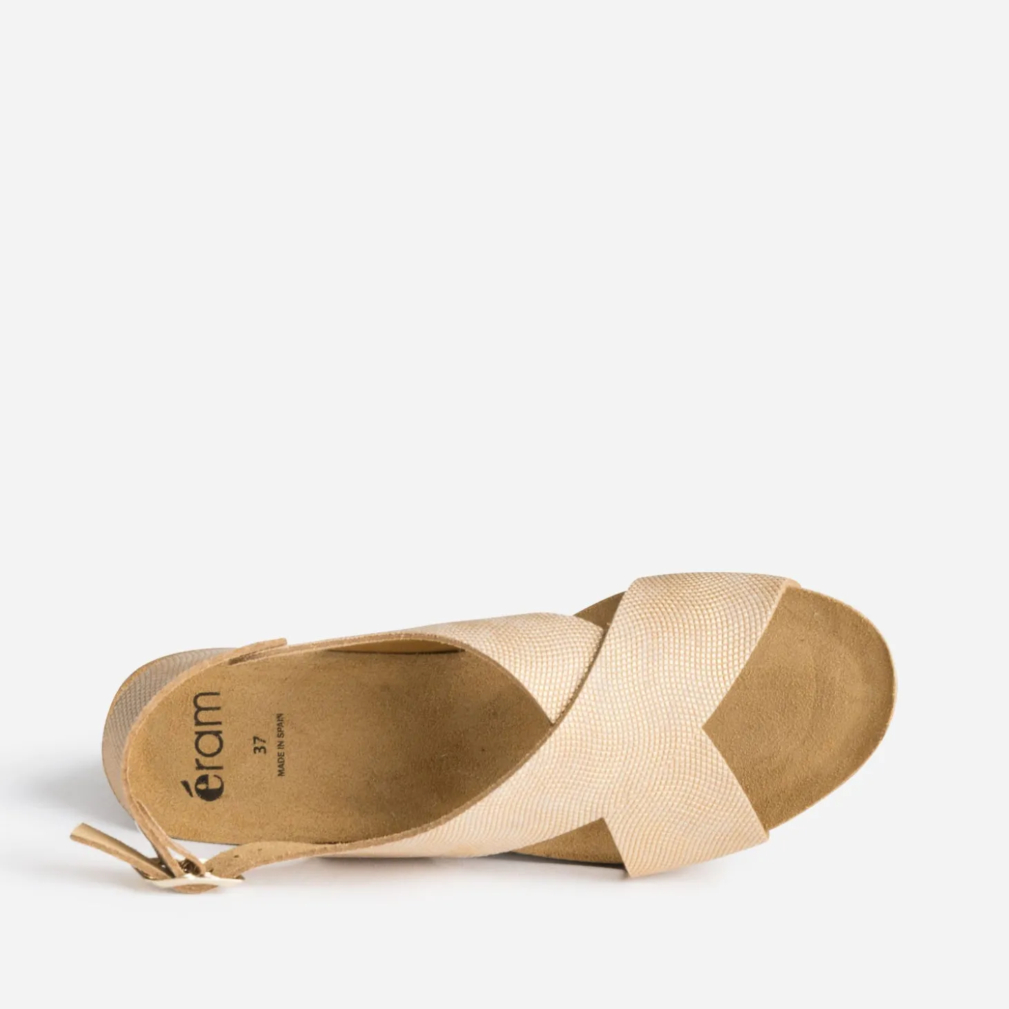 Sandale compensée anatomique beige doré en cuir embossé