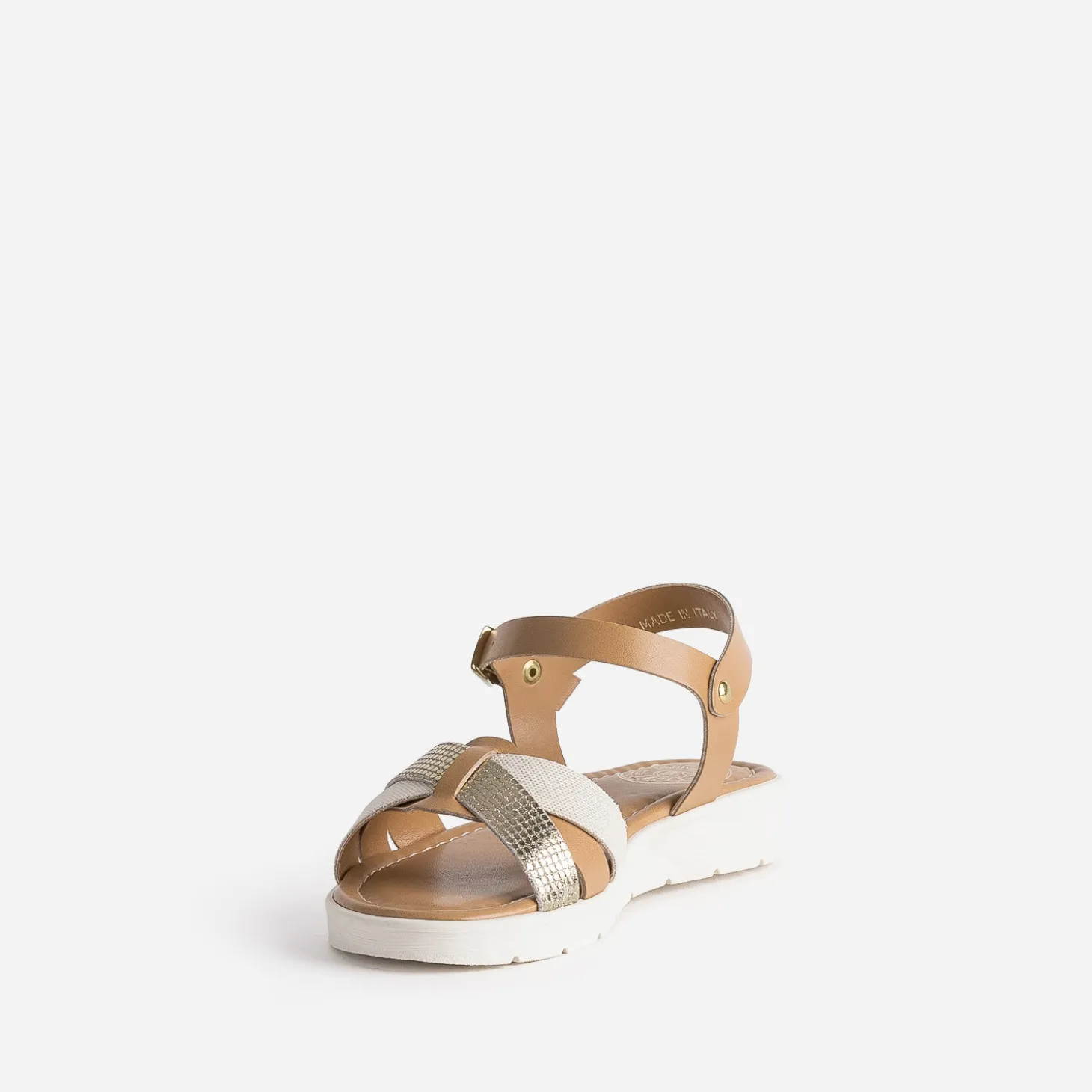 Sandale compensée BUGGY camel et dorée en cuir