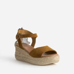 Sandale compensée camel cuir velours éco-conçu