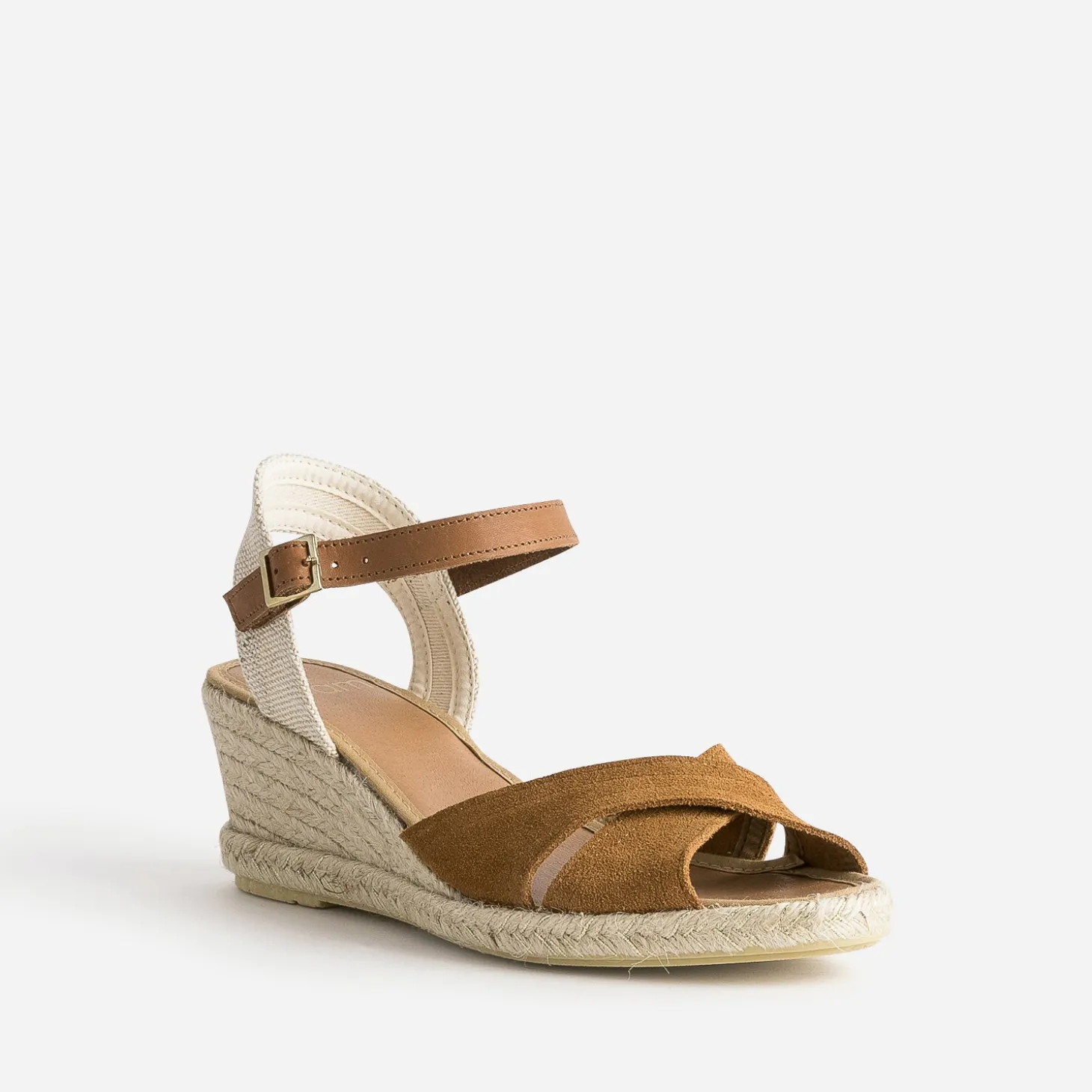 Sandale compensée camel en cuir velours éco-conçu