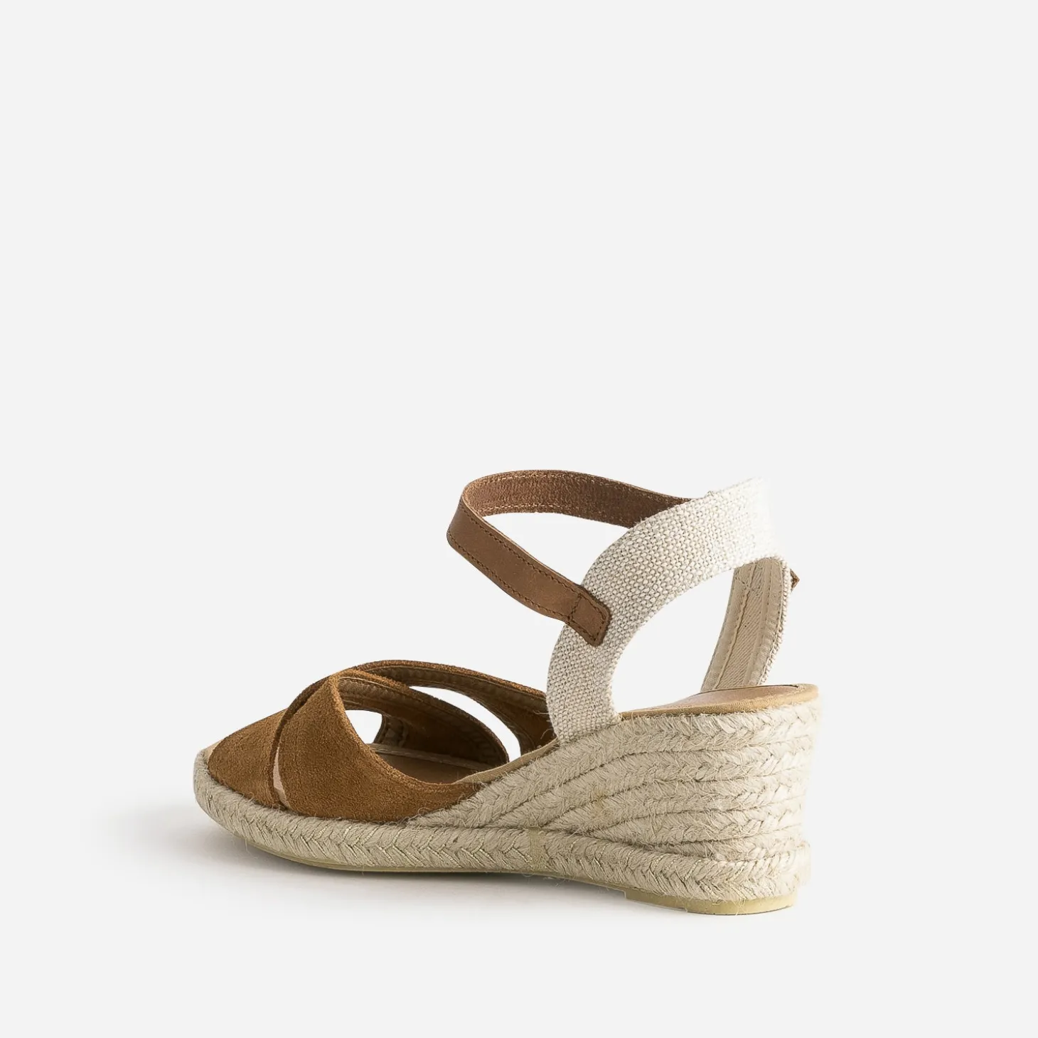 Sandale compensée camel en cuir velours éco-conçu