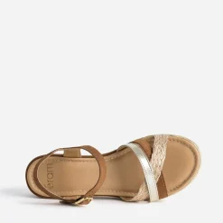 Sandale compensée camel en cuir velours