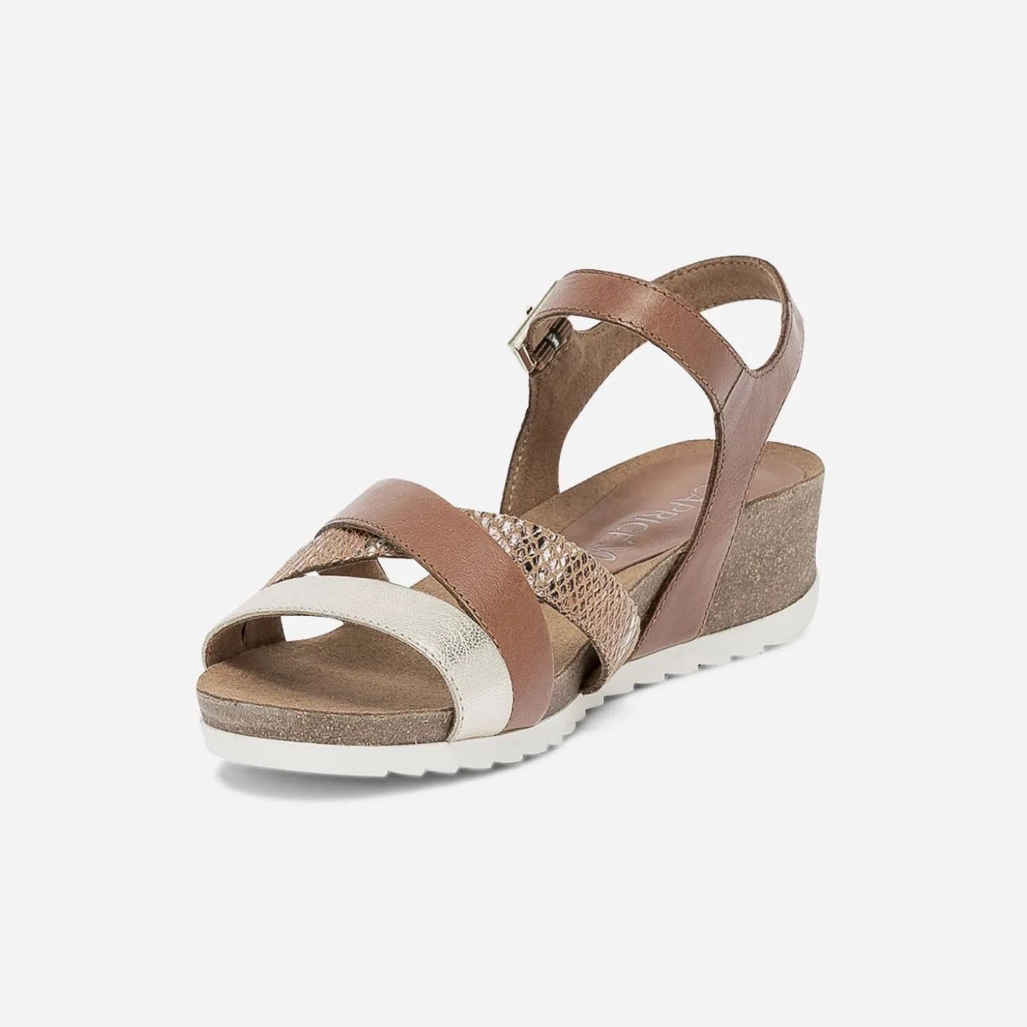 Sandale compensée CAPRICE cognac et doré en cuir