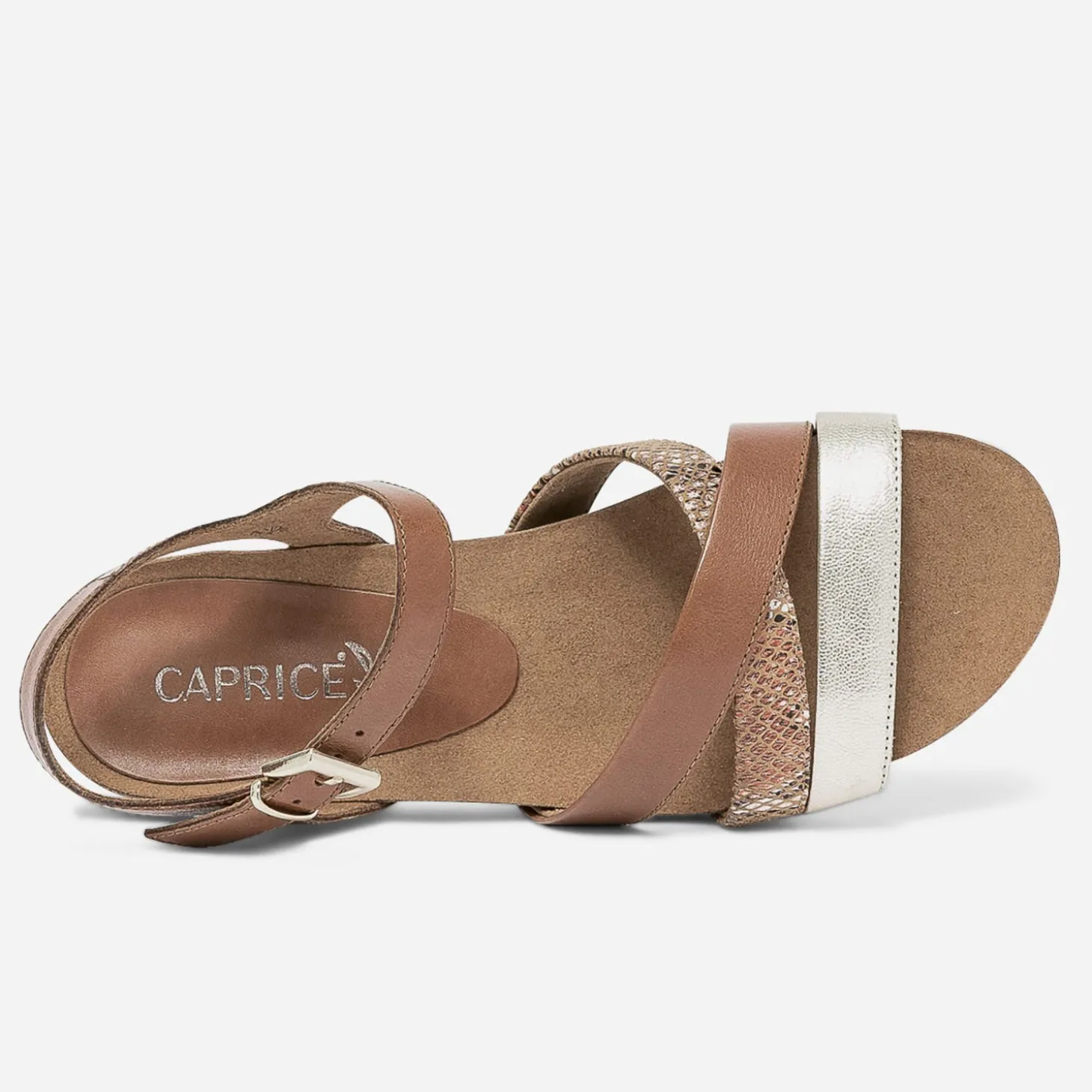 Sandale compensée CAPRICE cognac et doré en cuir