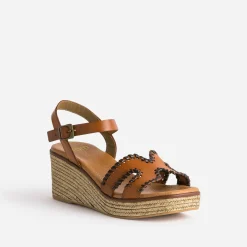Sandale compensée cognac cuir tressé marron