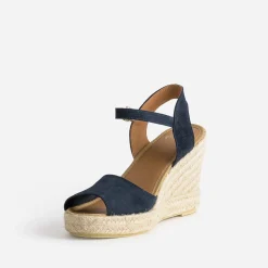 Sandale compensée marine en cuir velours éco-conçu