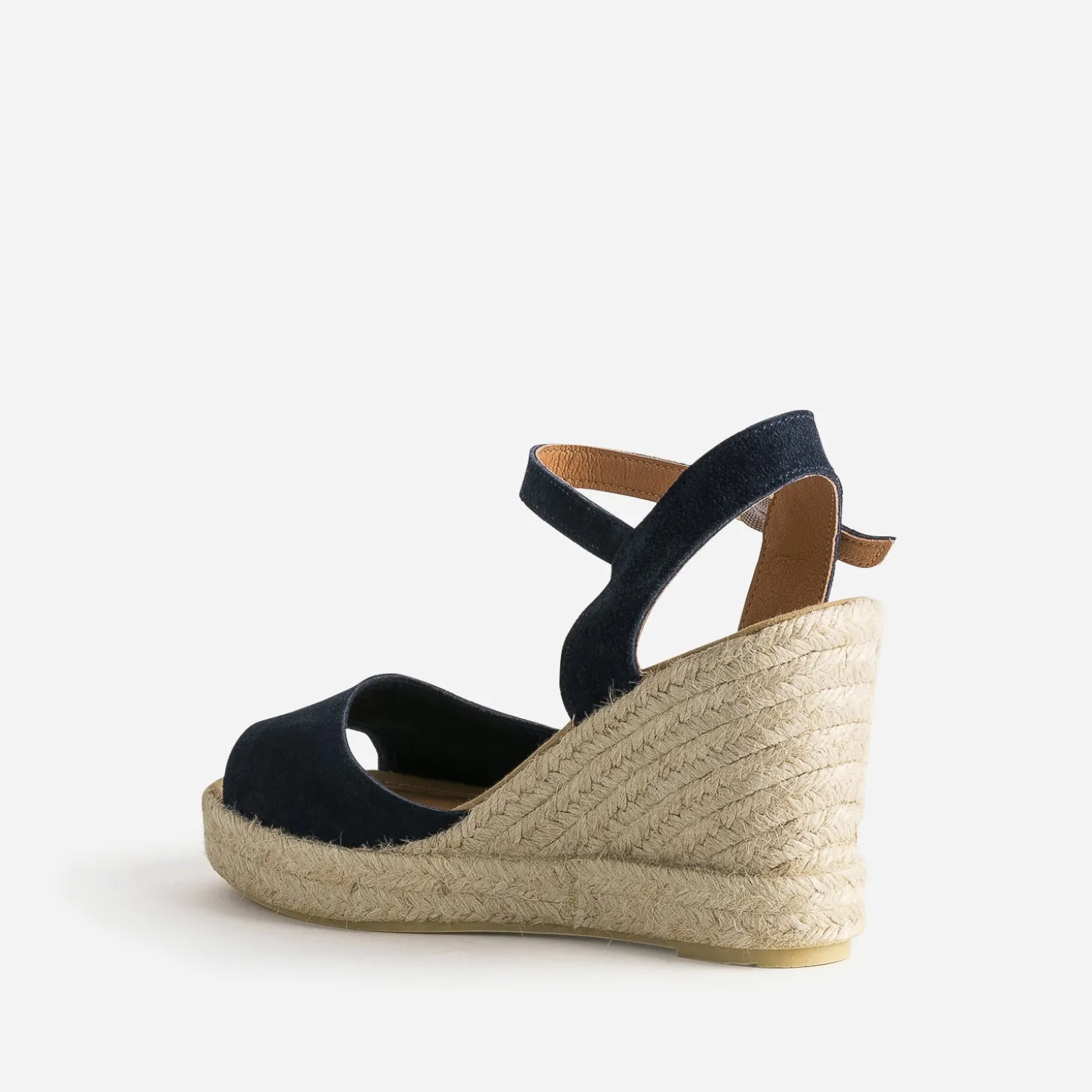 Sandale compensée marine en cuir velours éco-conçu
