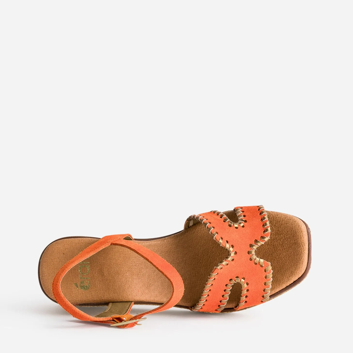 Sandale compensée orange cuir velours tressé doré