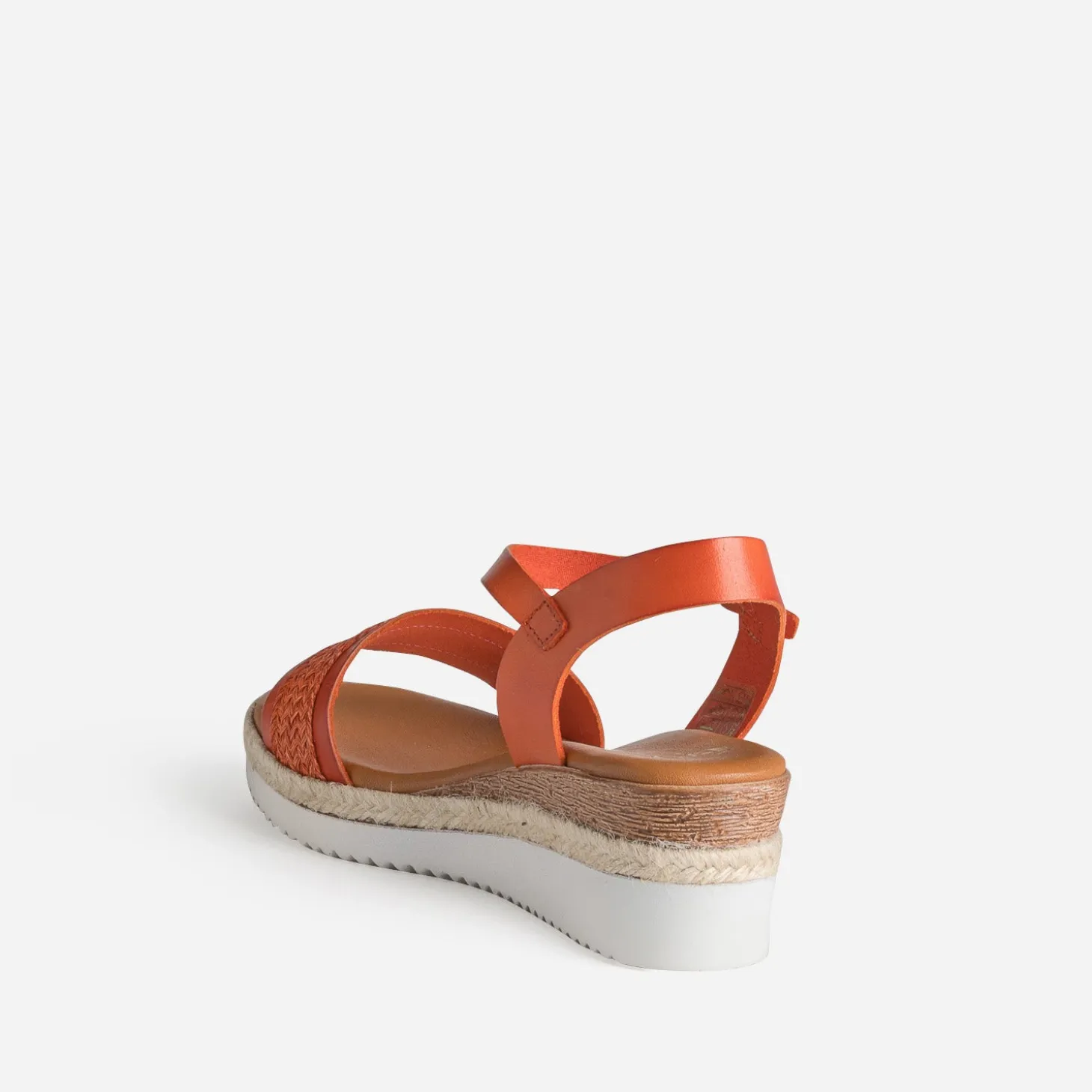 Sandale compensée orange cuir et tressage