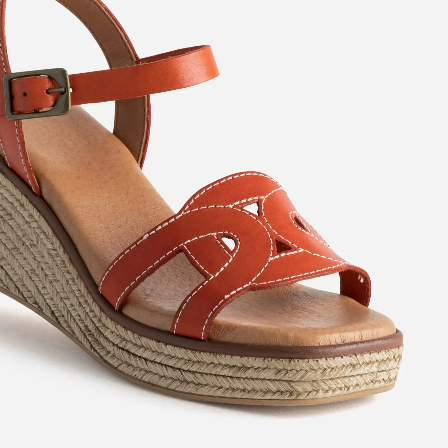 Sandale compensée orange foncé cuir