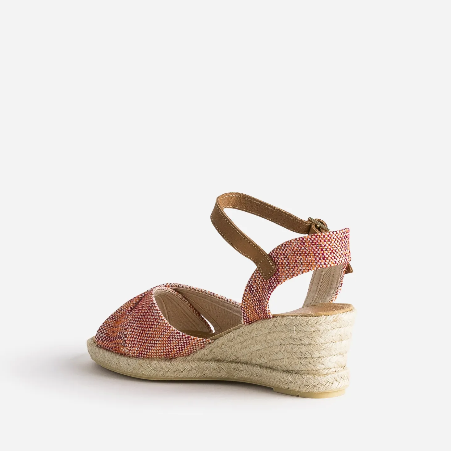 Sandale compensée prune, corail, écru en toile tressée