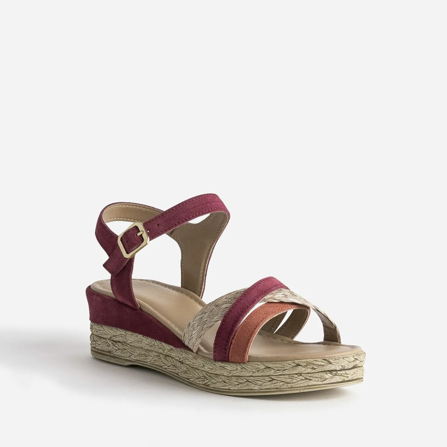 Sandale compensée prune en cuir velours